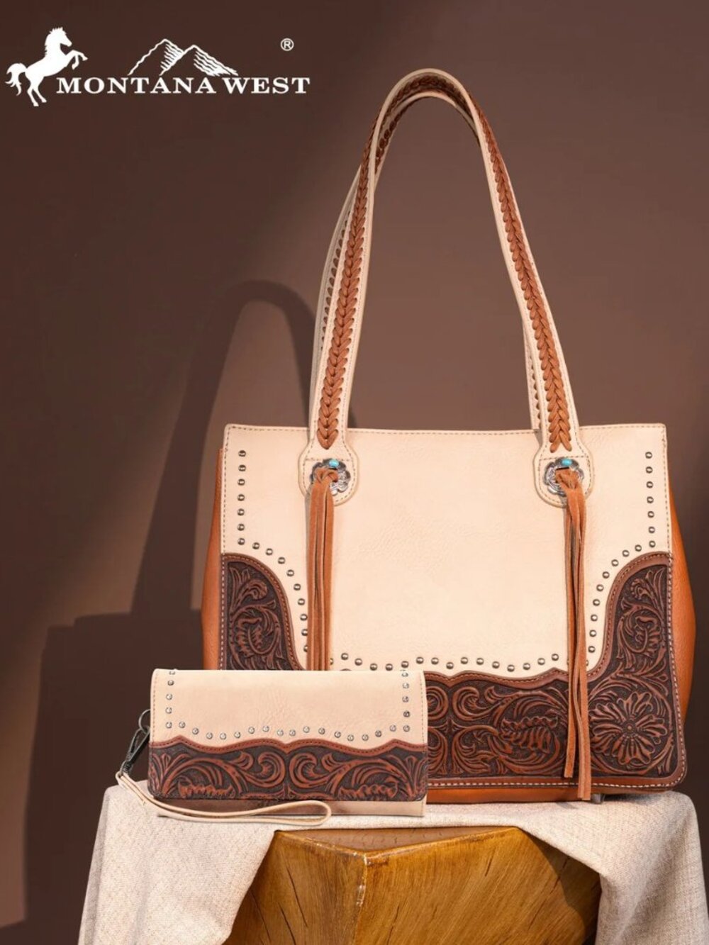 Montana West Tooled Collection Concealed Carry Tote+Wallet Tan